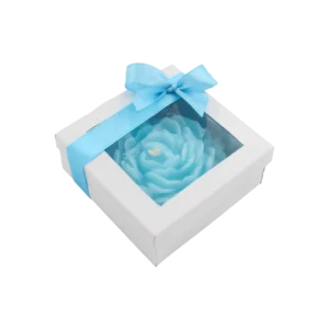 گیفت شمع گل آلاله آبی با باکس پاپیون دار